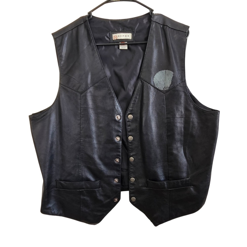Roper Mens XL Black‎ Leather Western Vest Snap Front Cowboy Biker Jacket XL